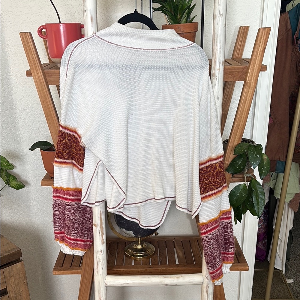 Free People White Red and Purple Waffle Knit Balloon Sleeved Sweater Size XS